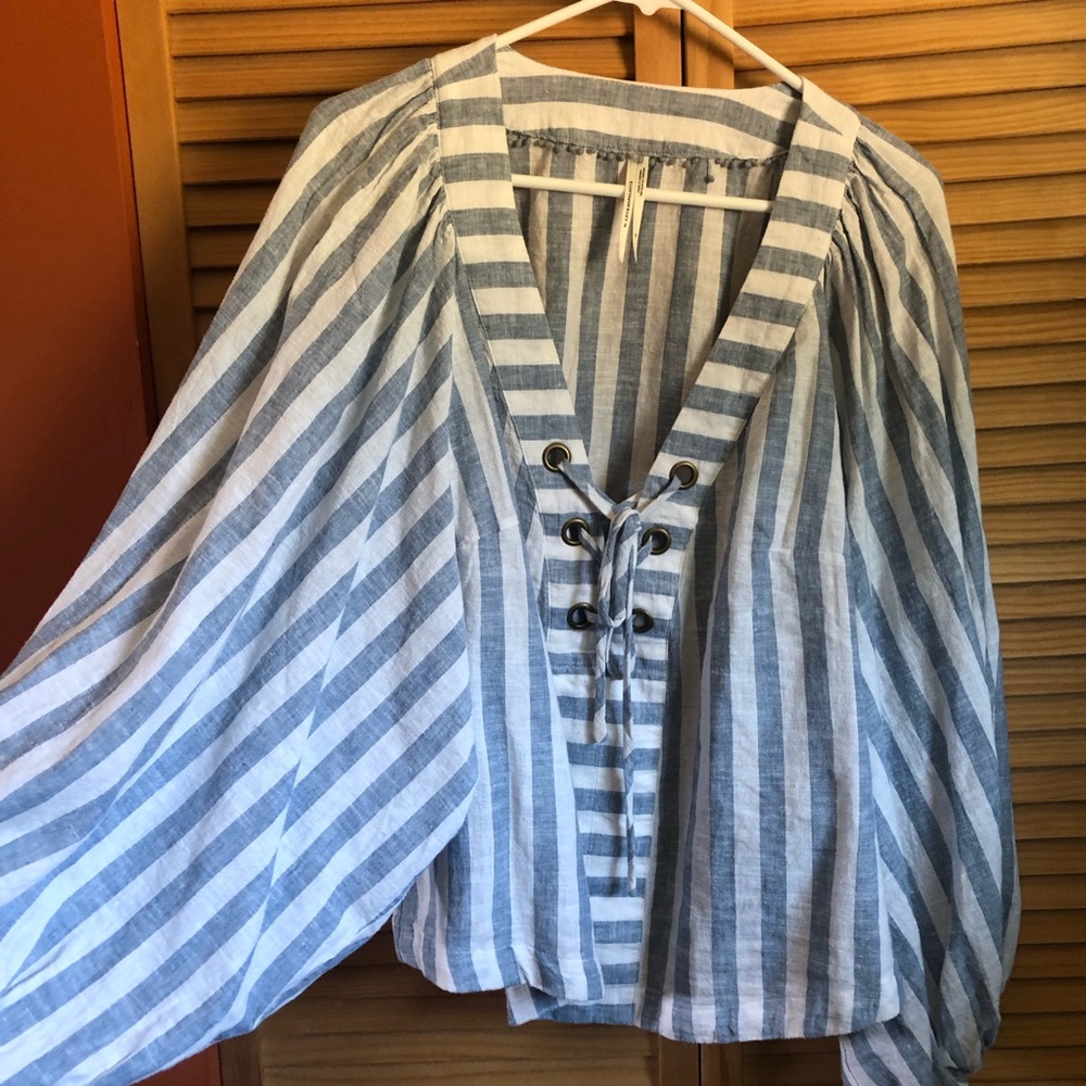 Anthropologie Blue and White Tie Front Blouse - Picture 3 of 5
